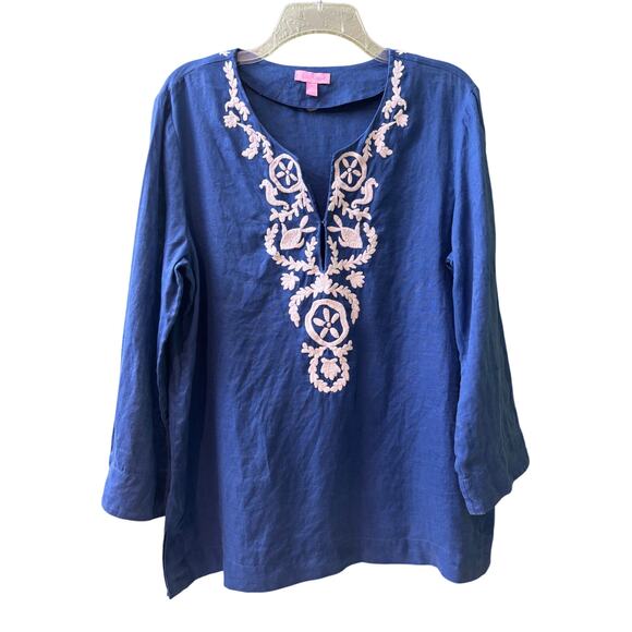 Lilly Pulitzer Amelia Island Blue Linen 3/4 Sleeve Embroidered Tunic Top Size L - Picture 1 of 7